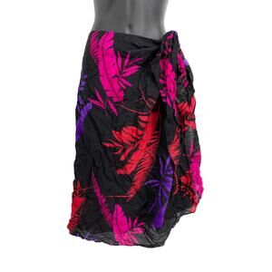 Vintage Sarong Wrap Skirt Womens One Size Black Pink Purple Floral Print